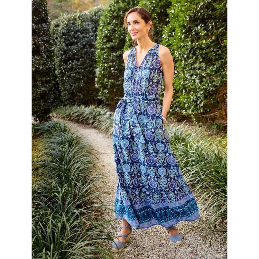 Talbots Floret Medallion Tie Waist Maxi Dress Blue Size18W - Picture 3 of 11